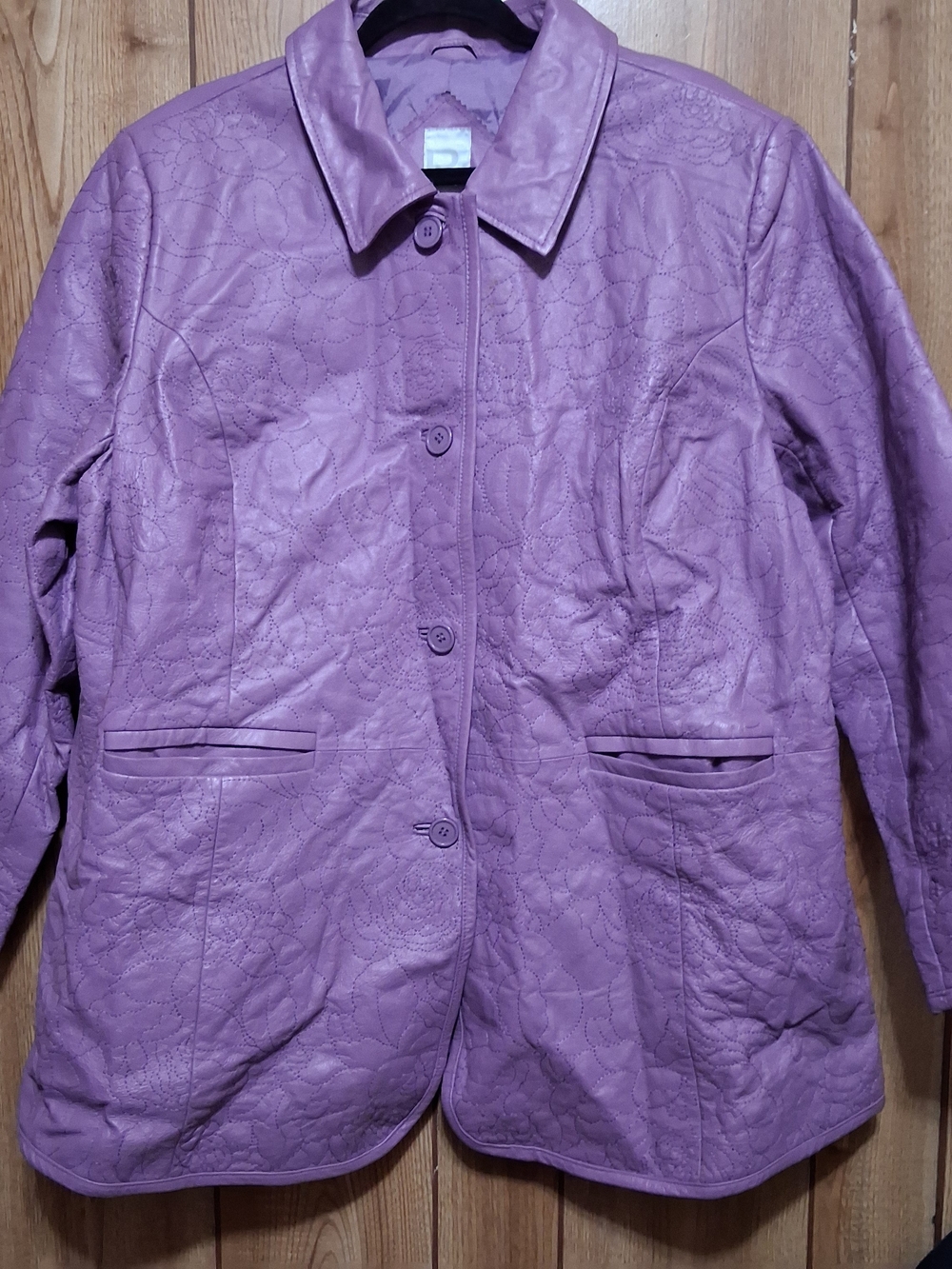 Lilac Leather Coat Button Up 24W Floral "Quilting" Vintage Lined Retro Glam